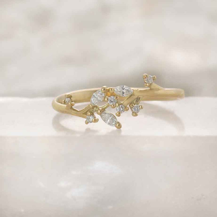 Gold twig ring, Leaf Marquise diamond band, Anvehu jewelry