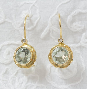 Green Amethyst Solid Gold Dangle asymmetrical earrings 