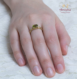 Twig Ring, Peridot And Diamonds Gold Tree Bark Ring, 