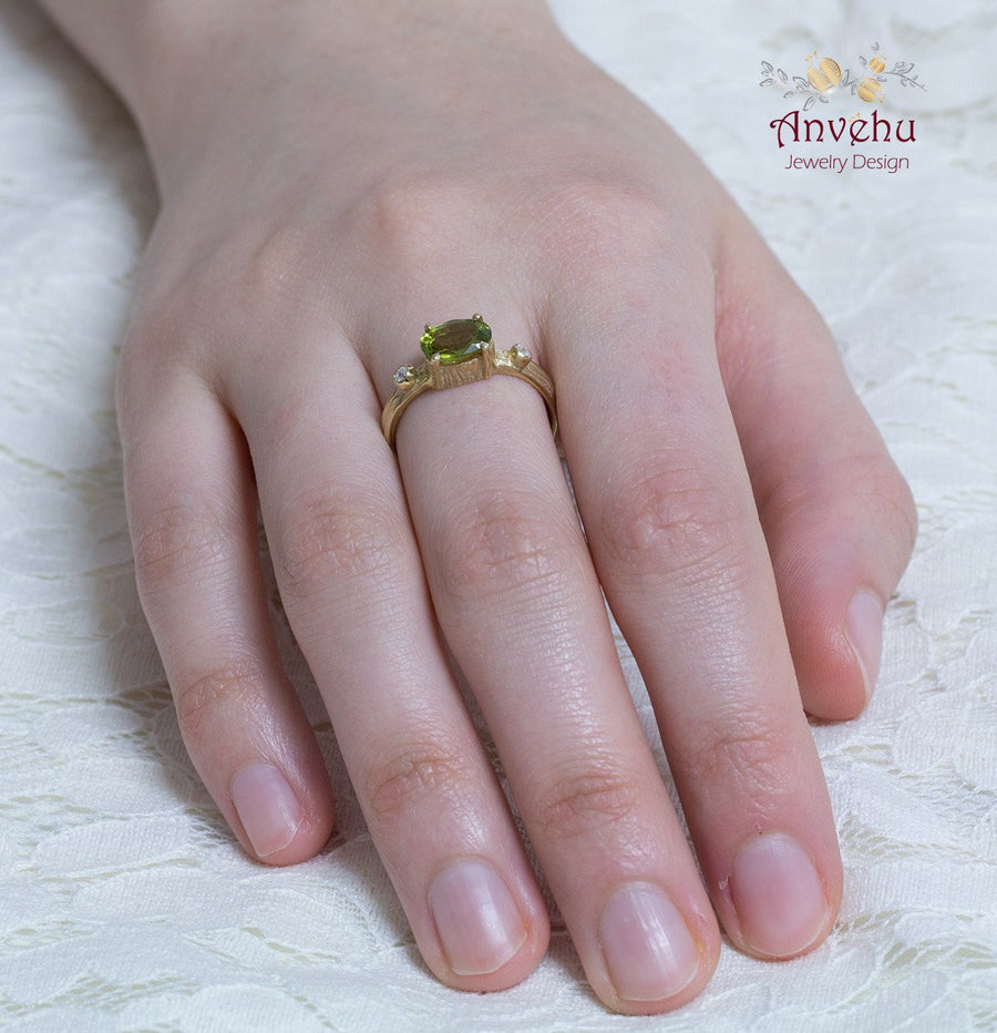 Peridot Twig Ring Gold ring, Nature Ring - Alona 2 